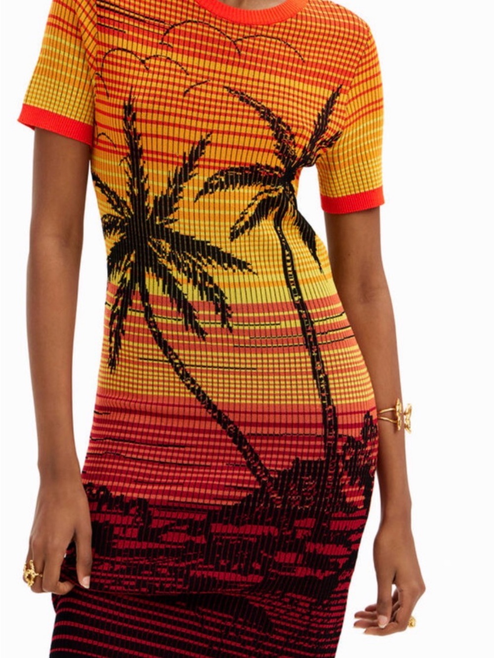 Desigual Knit Palm-Print Midi Dress - Red, Yellow, Black